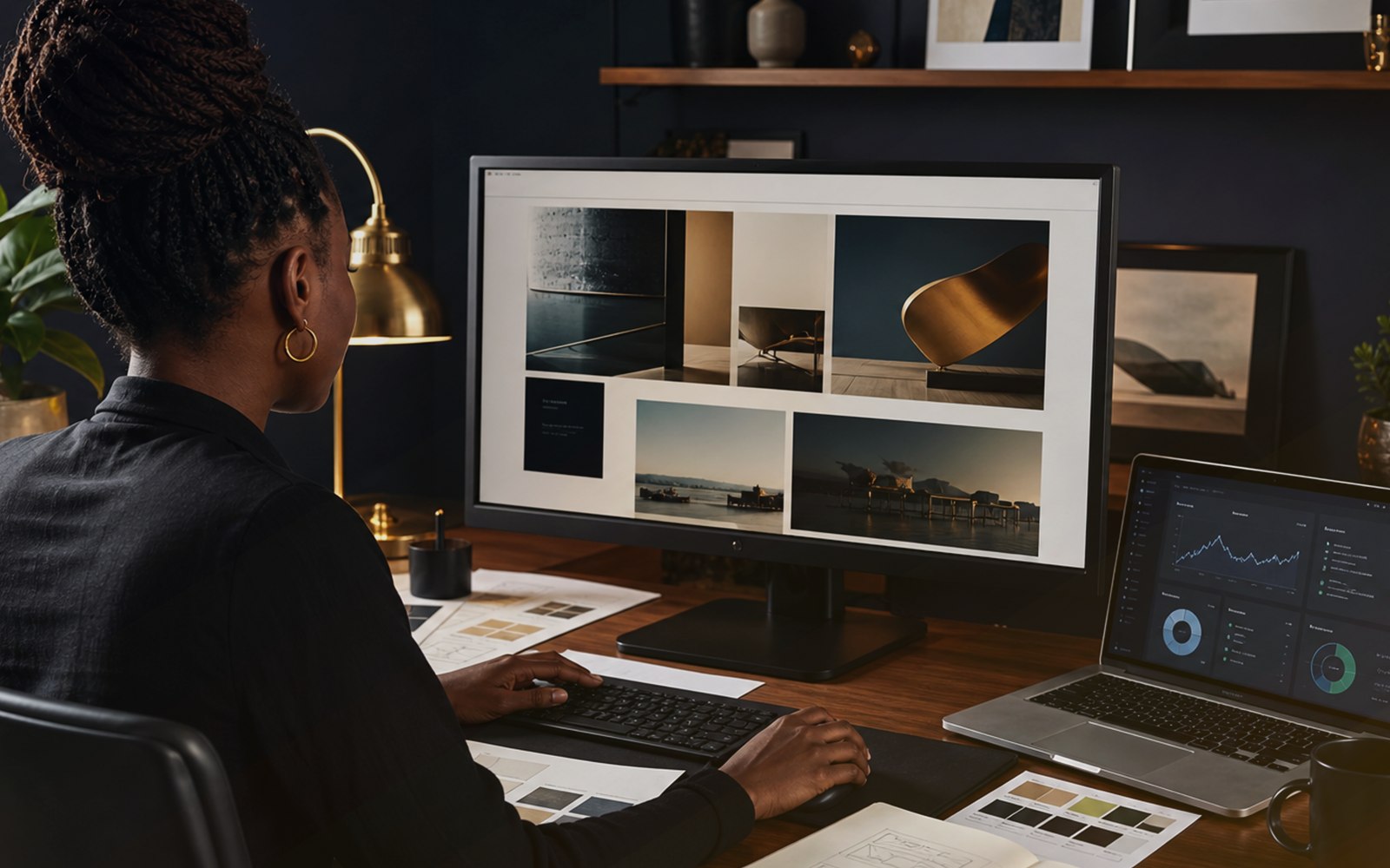 Website designer reviewing premium layouts on a desktop monitor