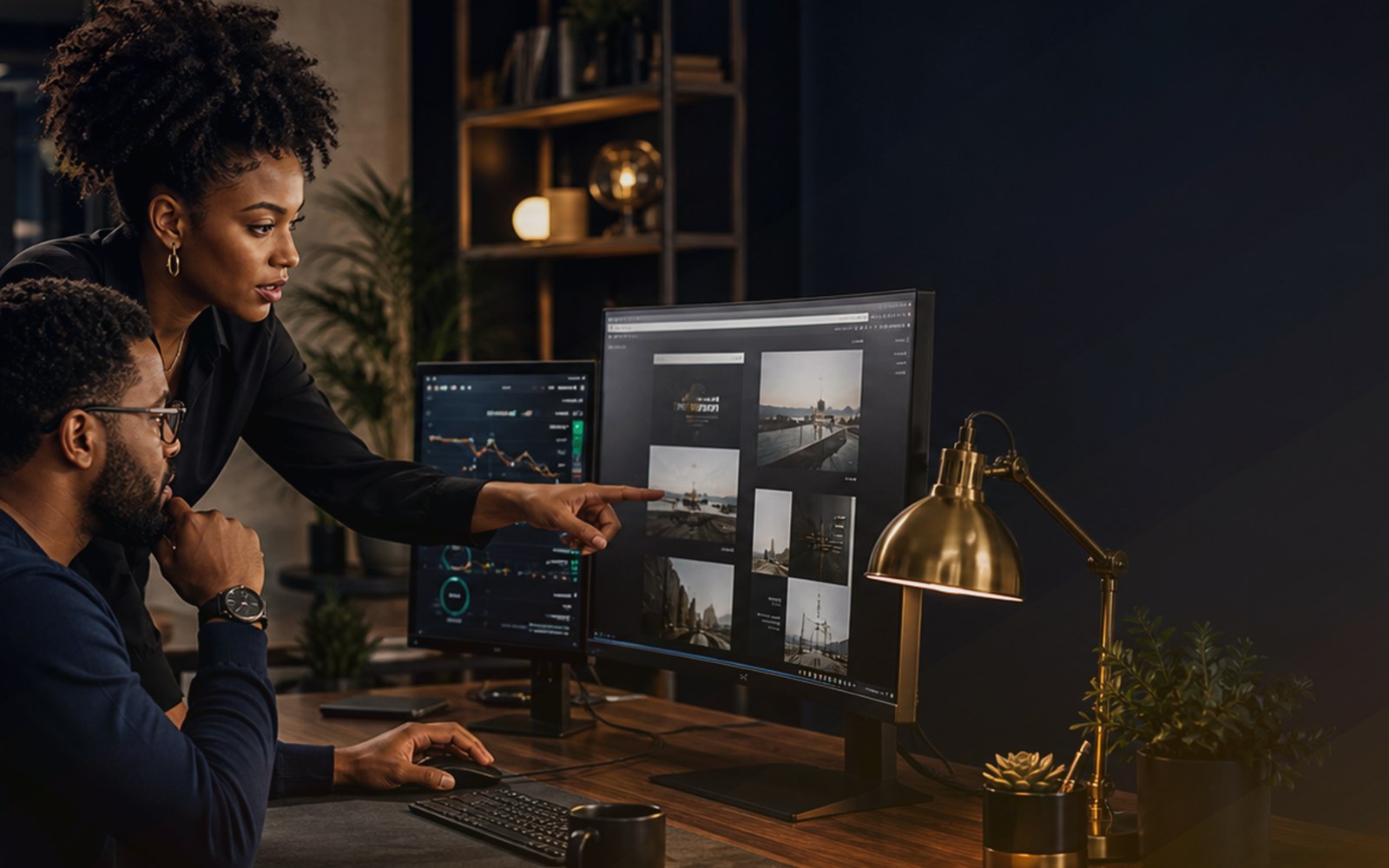 Premium website layout and performance dashboard in a studio workspace
