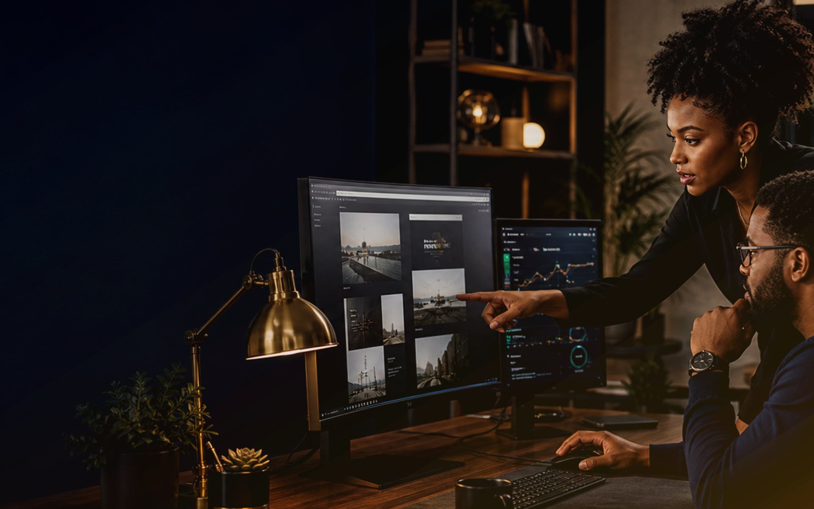 A premium digital workspace with campaign and website screens