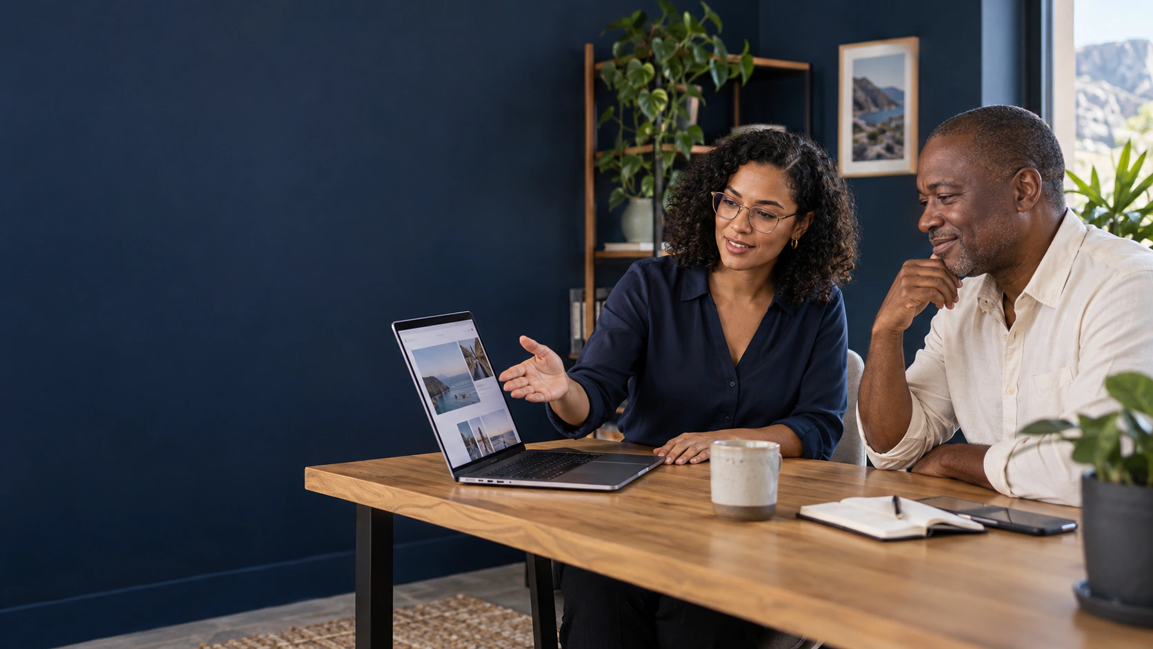 Illustrative scene of a designer presenting a website to a business owner