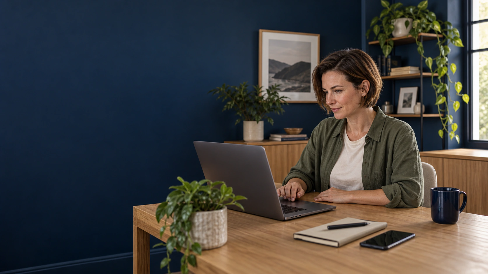 Illustrative scene of a professional choosing browser preferences on her laptop