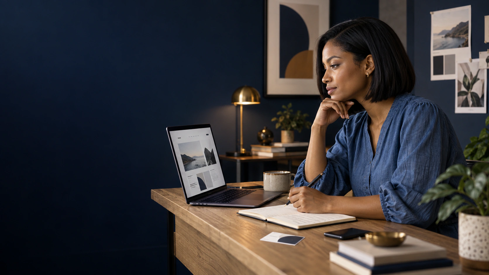 Illustrative scene of a business owner considering her website and brand at a laptop