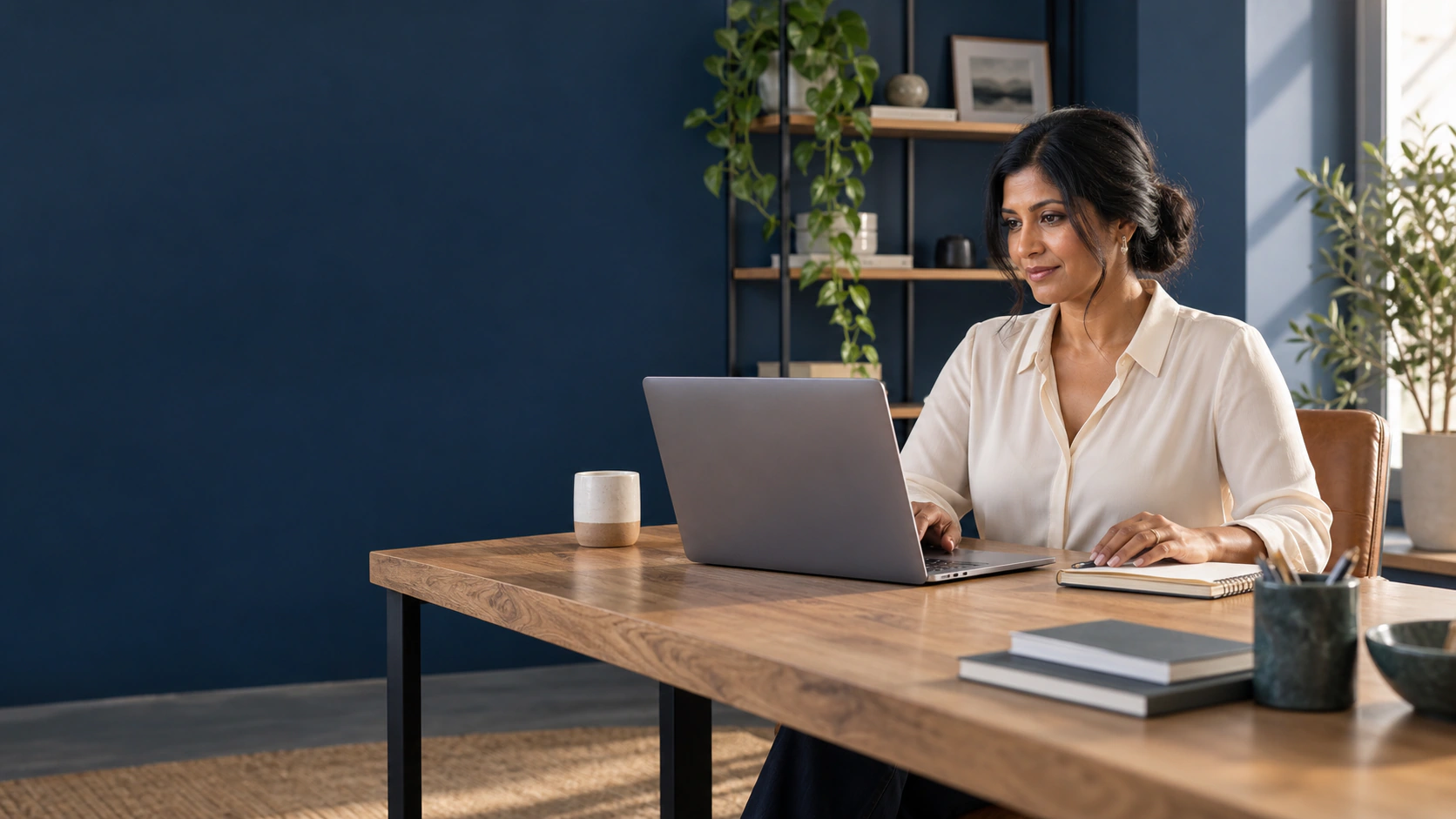 Illustrative scene of a business owner managing email at her laptop