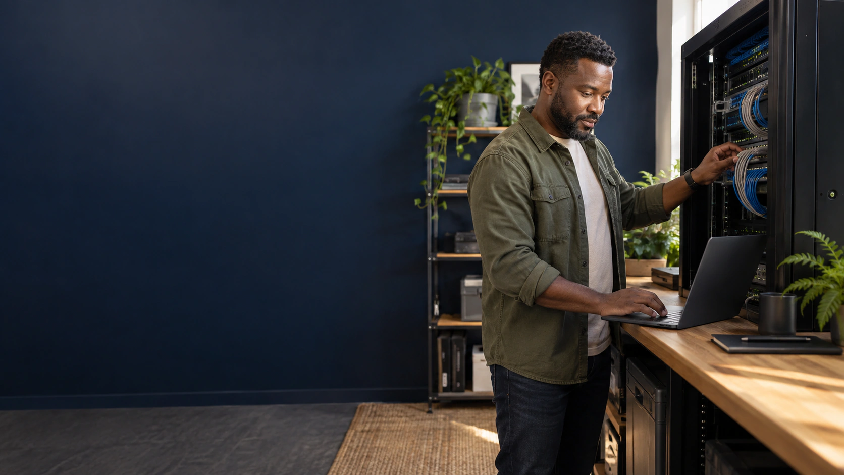 Illustrative scene of a hosting technician checking server connections at a laptop
