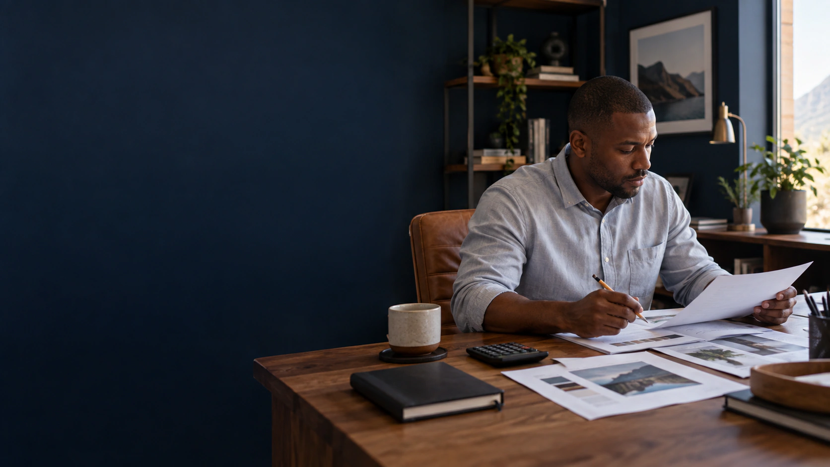Illustrative scene of a business owner comparing project scope and planning a website budget