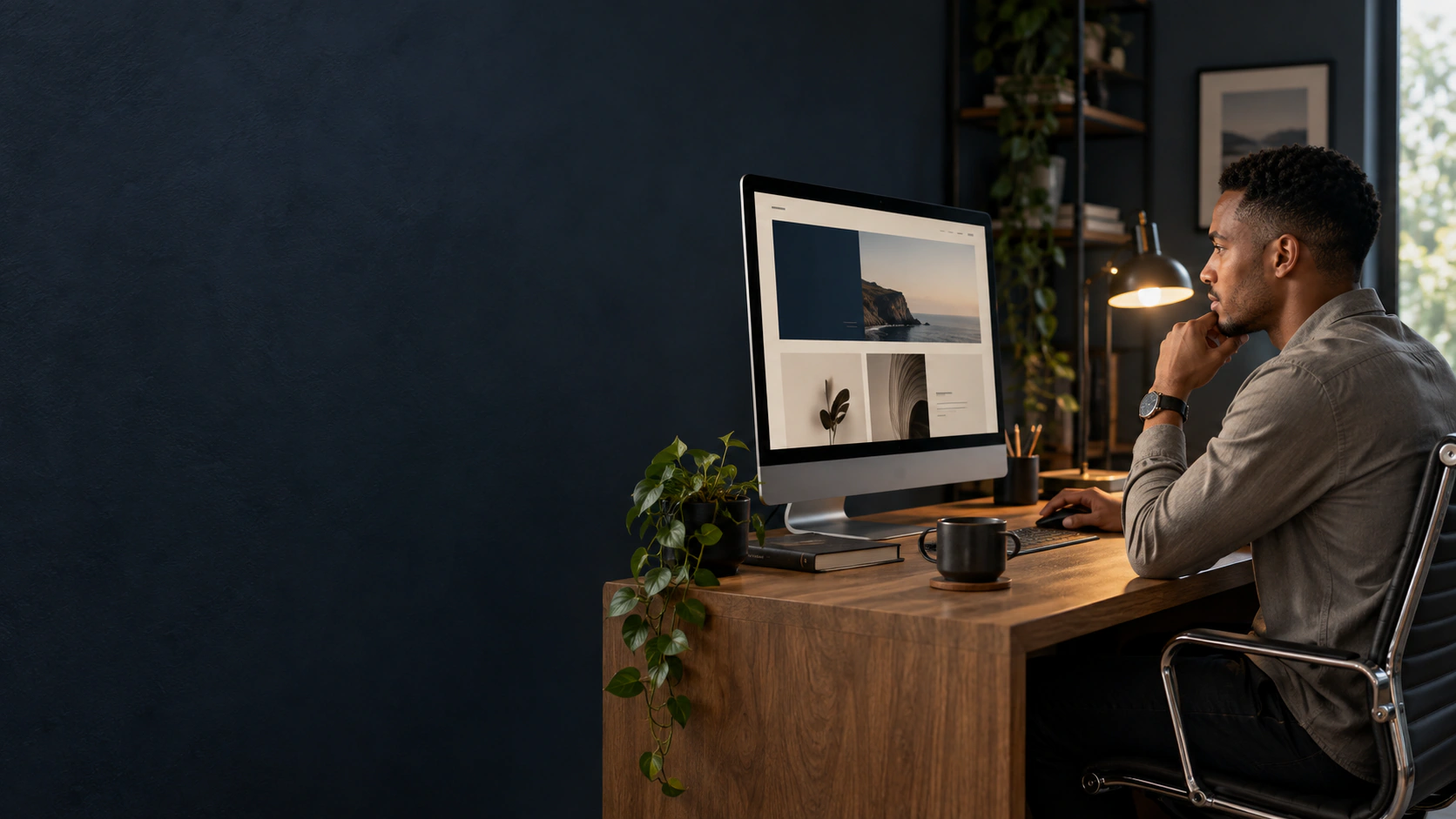 Illustrative scene of a designer reviewing a website at a desktop workstation