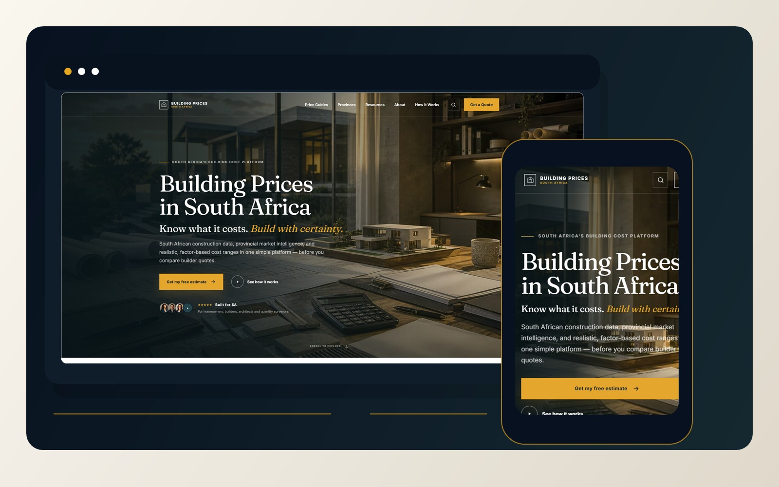 Building Prices website with price guide navigation and a prominent estimate request on desktop and mobile