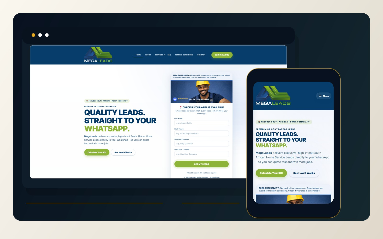 MegaLeads website with a contractor enquiry form and WhatsApp-focused offer on desktop and mobile