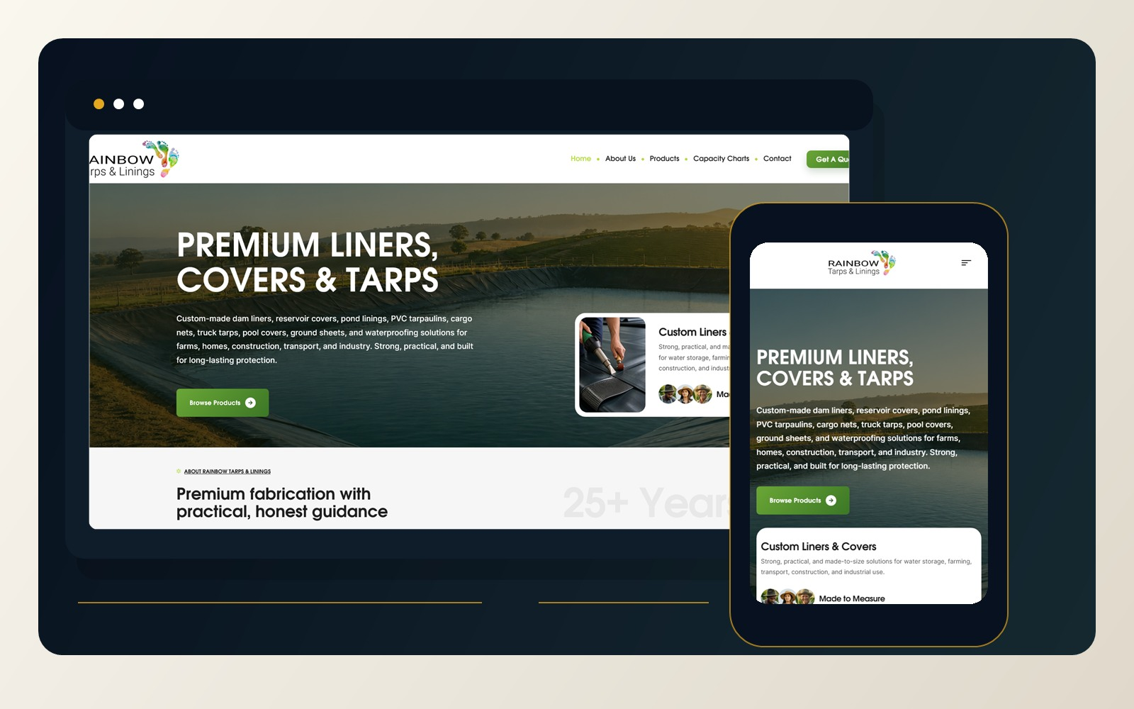 Rainbow Tarps website showing dam liners, product navigation, capacity charts and a mobile product introduction