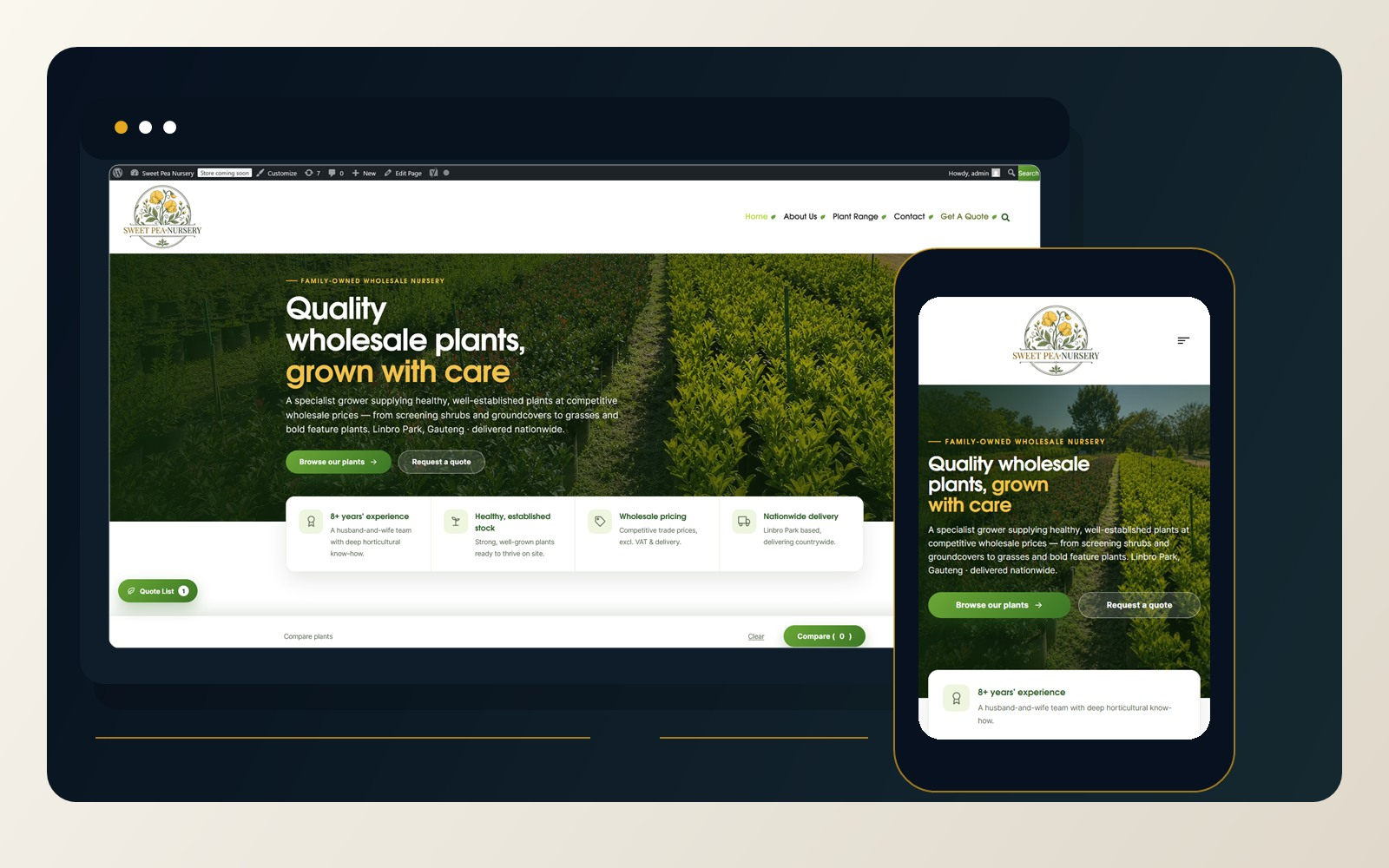 Sweet Pea Nursery website showing wholesale plants, browse and quote actions, and a green mobile layout