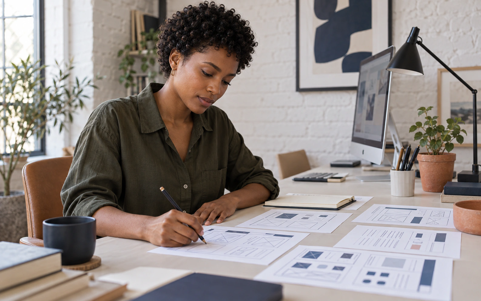 Illustrative scene of a designer reviewing website wireframes and making notes