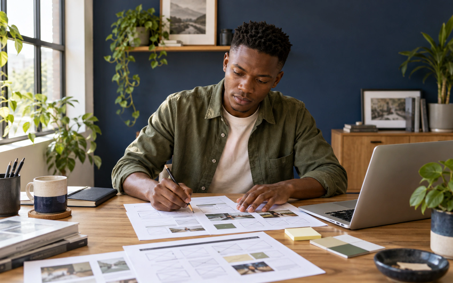Illustrative scene of a designer refining printed website layouts beside a laptop