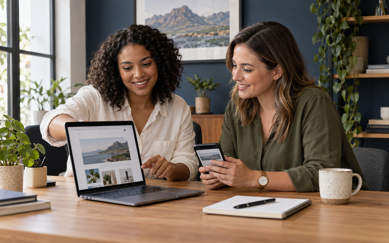 Illustrative scene of a designer and client comparing a website on a laptop and phone
