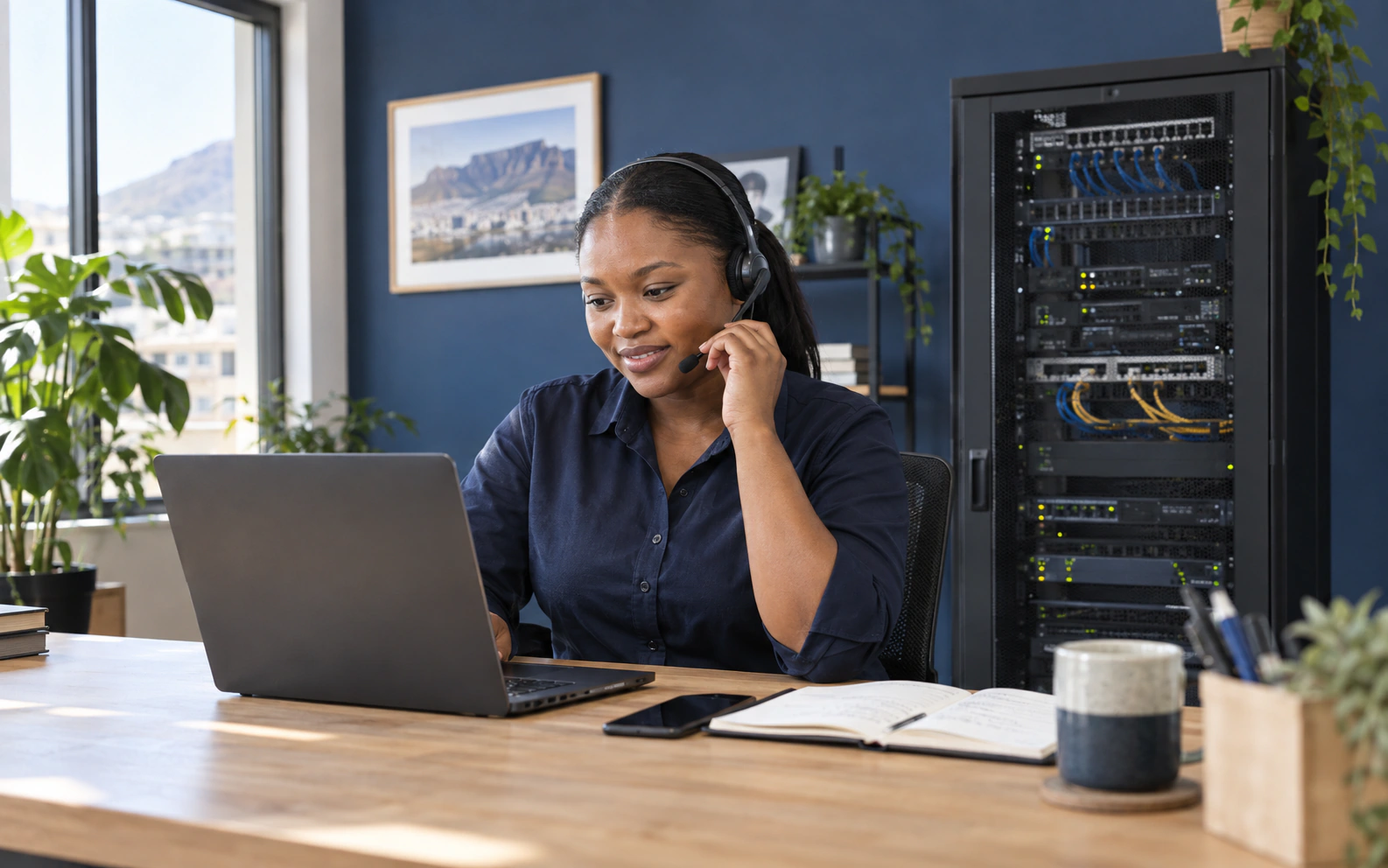 Illustrative scene of a support specialist using a headset and laptop beside a server cabinet