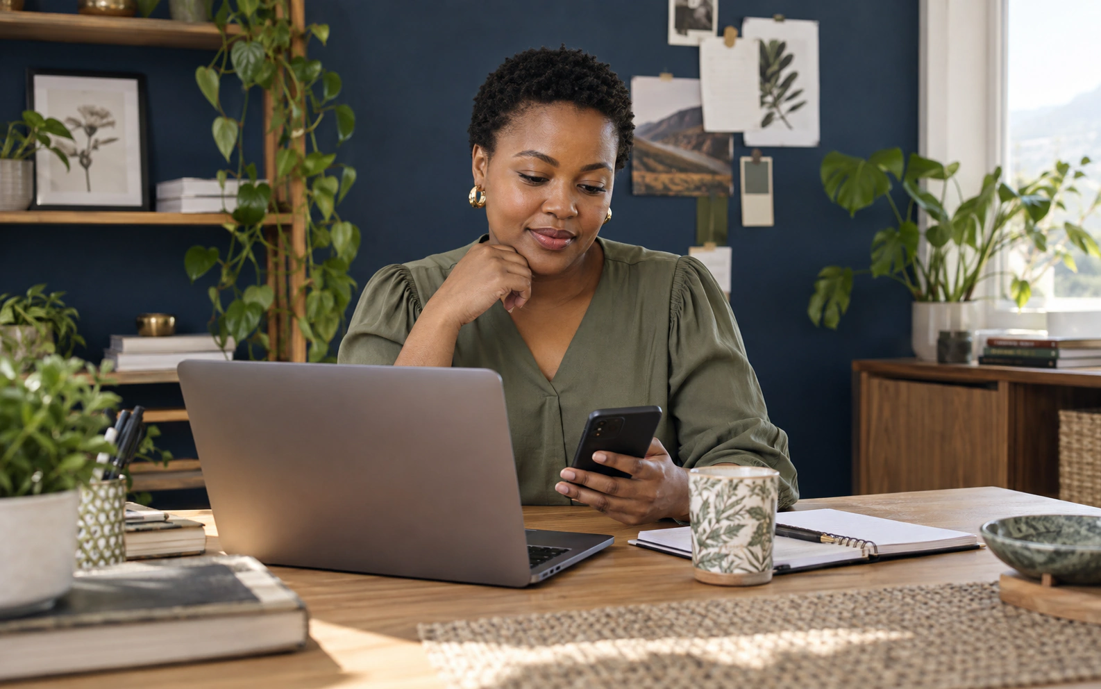 Illustrative scene of a business owner checking a customer enquiry on her phone