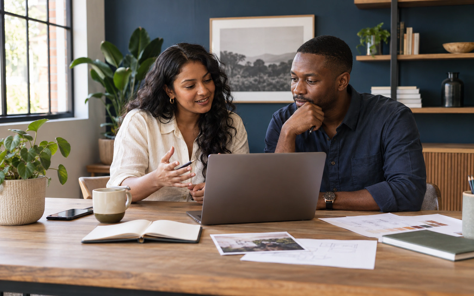 Illustrative scene of two colleagues discussing a campaign plan beside a laptop